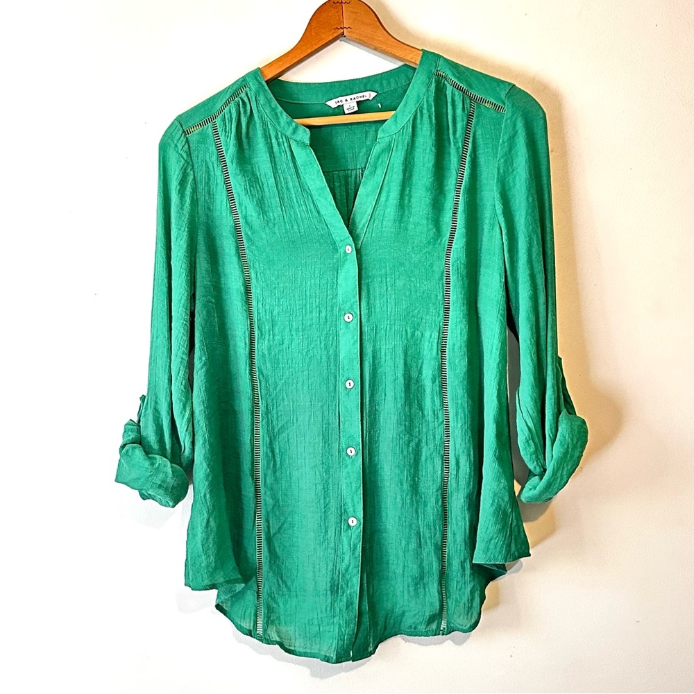 Zac and Rachel Linen-Look Button Down Green Blouse Sz L